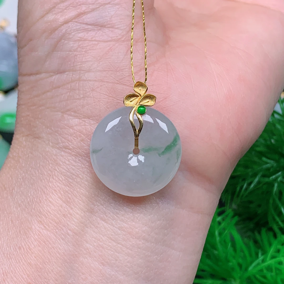 缅甸天然翡翠A货 18k金镶飘花平安扣吊坠470/1223尺寸19.9x5.9