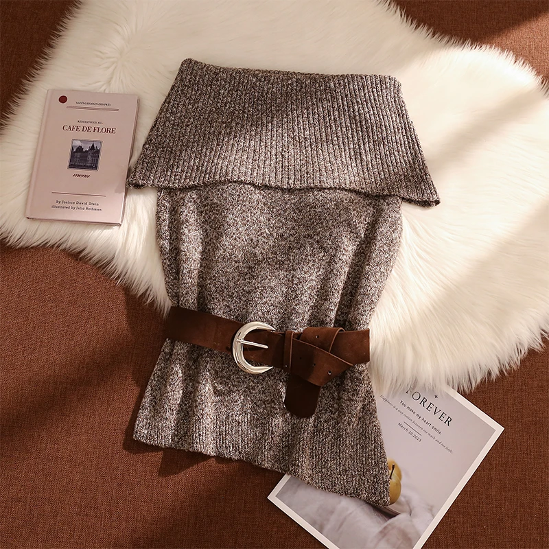 韩版慵懒风针织吊带背心女早秋新款收腰显瘦一字肩锁骨抹胸上衣