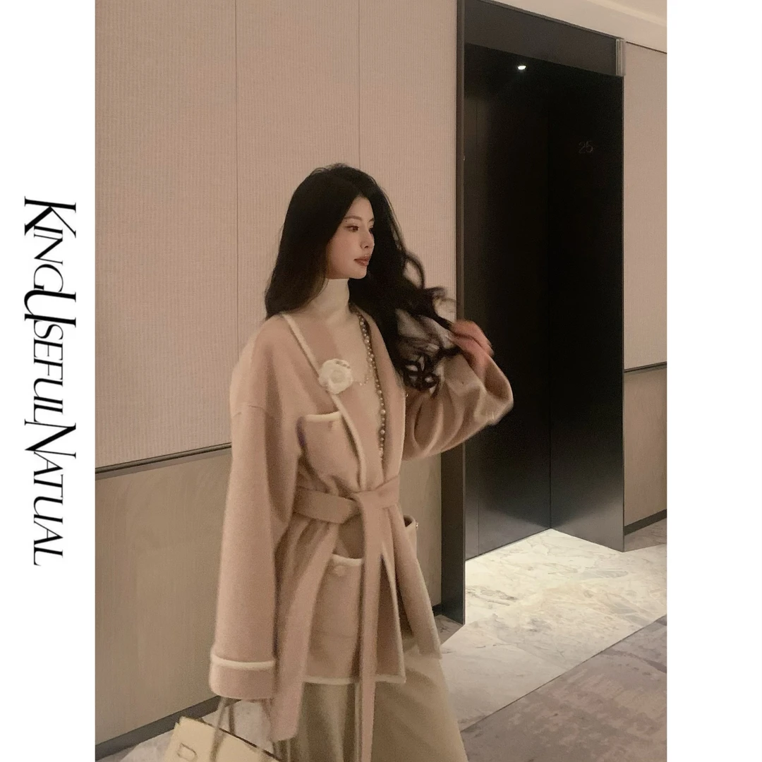 KUN【温妮斯】经典气场 金丝双面浴袍风小香廓形松弛感粉中长款外套