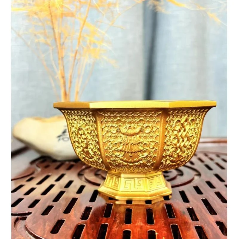 黄铜复古八宝碗鎏金创意风水摆件浮雕家居装饰乔迁摆件莲花雕刻