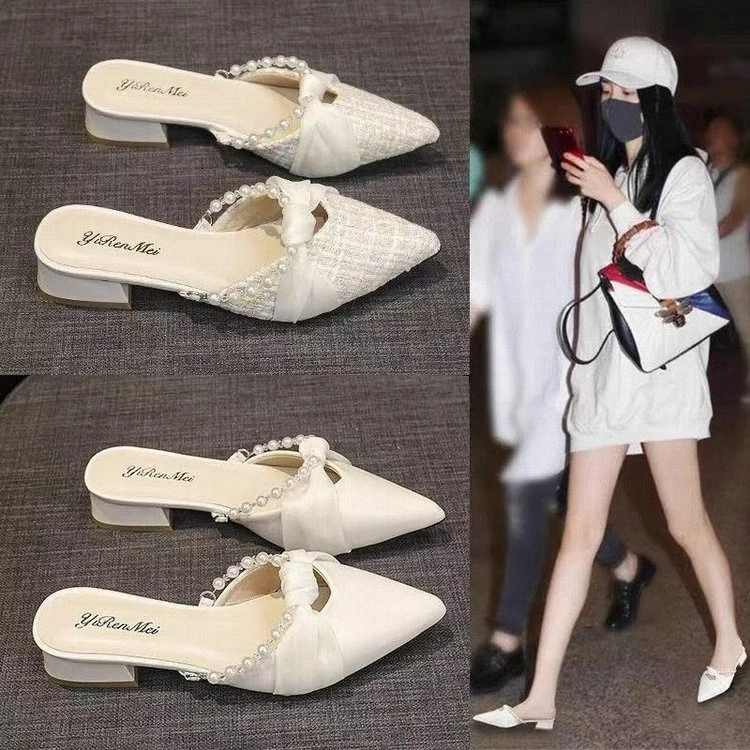 包头胶粘鞋浅口粗跟短款裙子白色气质法式低跟凉鞋凉拖韩版夏季