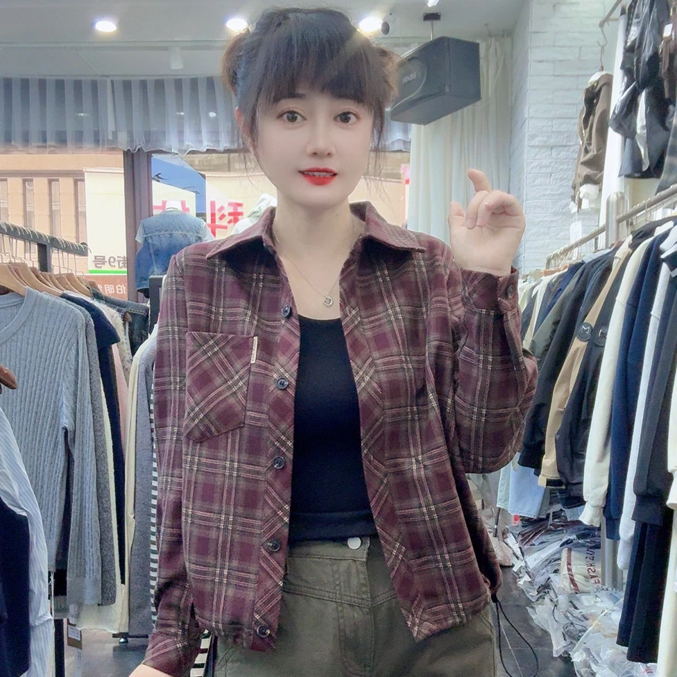 秋季新品复古设计格子翻领衬衫外套外搭开衫休闲减龄通勤休闲精