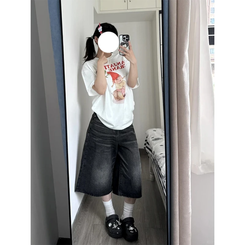 复古水洗黑设计慵懒感牛仔裤女2025夏季新款遮跨显瘦七分阔腿裤子