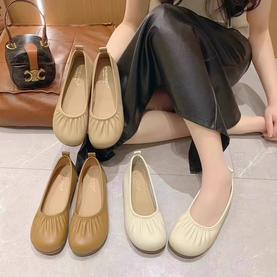 圆头平底褶皱单鞋女2025夏新款一脚蹬百搭配裙子奶奶鞋纯色豆豆鞋