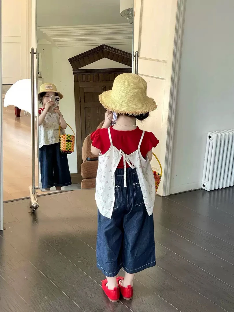 女童洋气2025夏季新款儿童碎花吊带短袖百搭 阔腿宽松牛仔裤