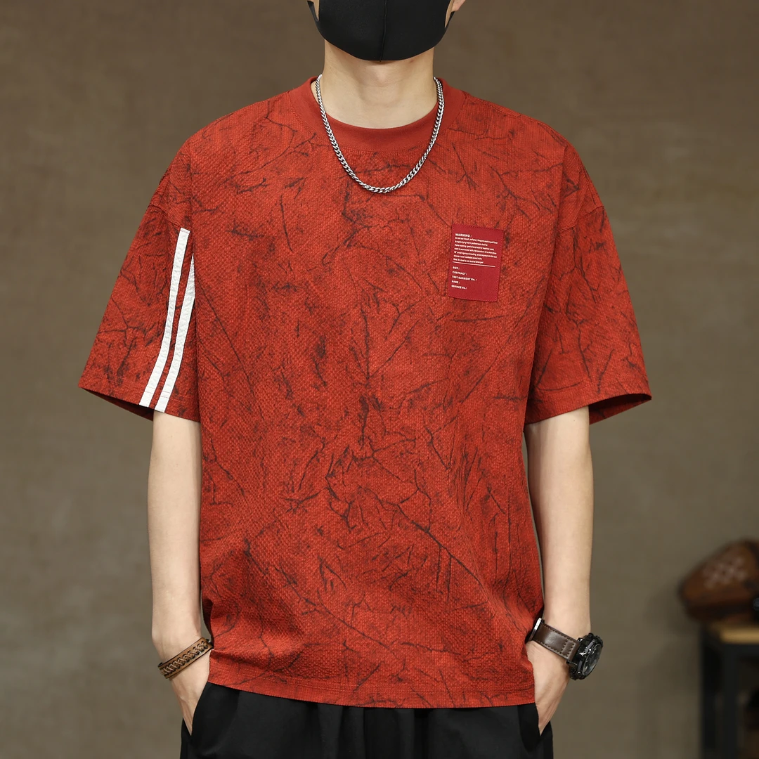 高端冰丝凉感条纹短袖T恤男夏季薄款宽松圆领泡泡纱五分袖体恤男T