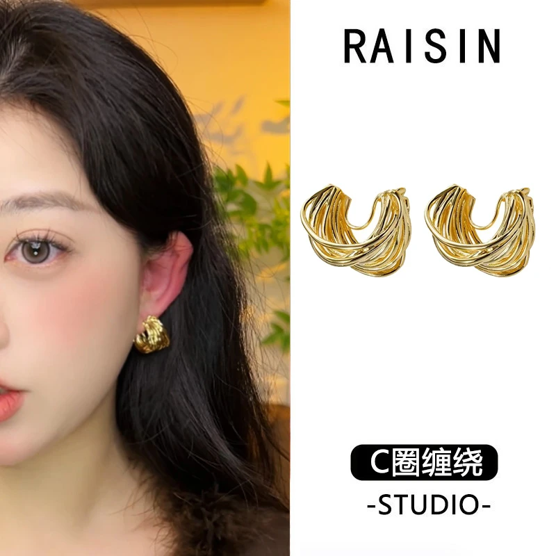 RAISIN 铜合金耳饰 复古高级感镂空金属重工绕线C形圈圈蚊香盘