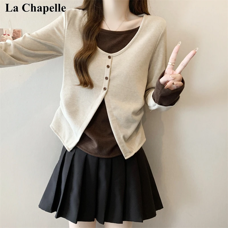 拉夏贝尔时尚百搭褶皱风大码女装假两件微胖mm秋冬新款针织衫上衣