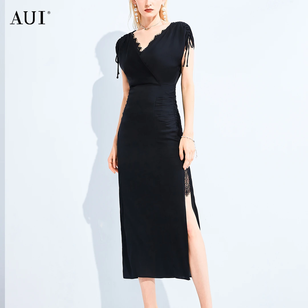 【白姐专属】AUI黑色显瘦时尚夏季气质轻熟风连衣裙-22F010761