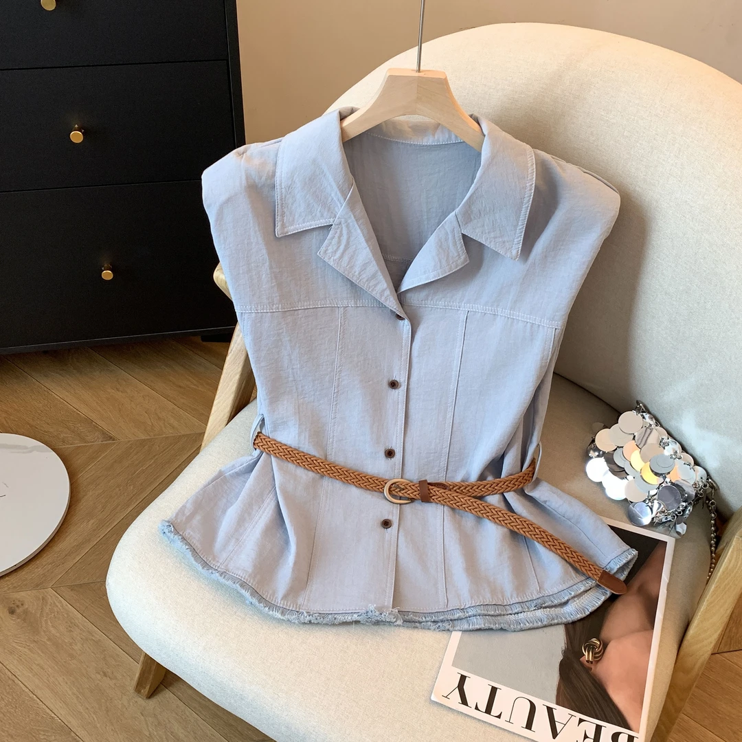 韩系POLO领无袖衬衣女夏季新款设计感流苏显瘦百搭小衫上衣