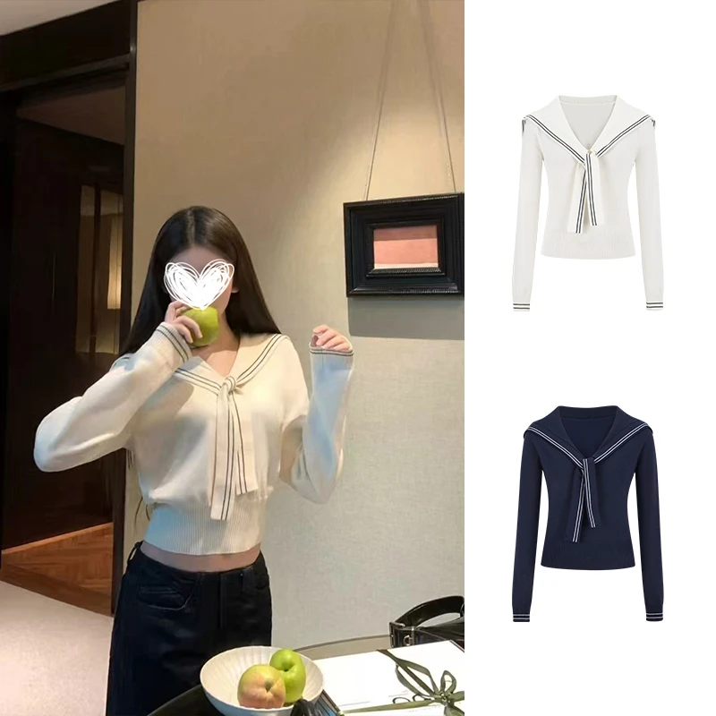 Moses Queen/魔西女王海军领长袖针织衫女秋季学院风短款上衣