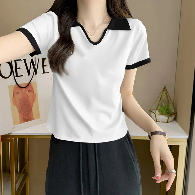 2025新款白色撞色正肩polo领短袖T恤女减龄修身百搭短款体恤上衣