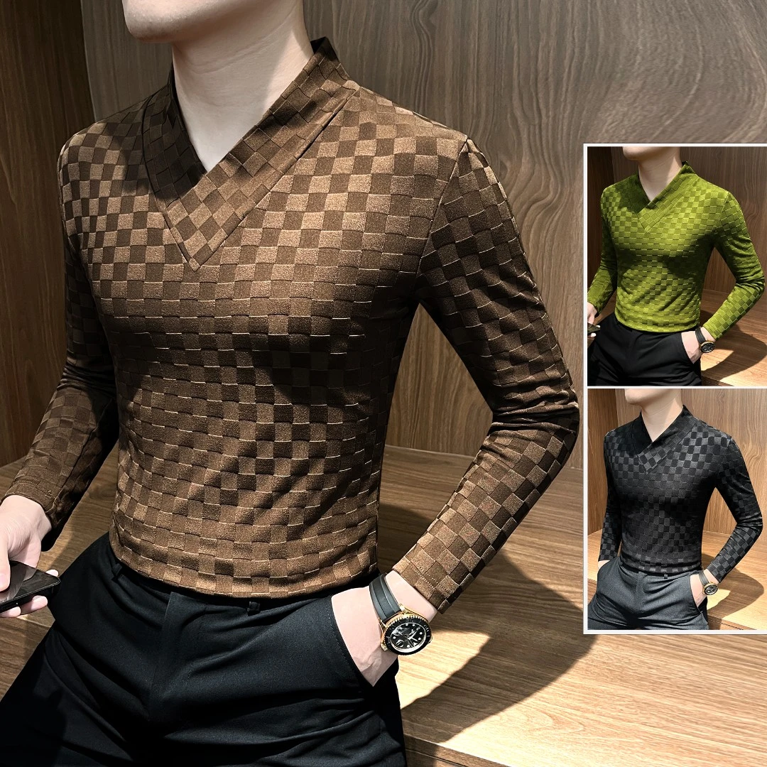 格子提花V领长袖T恤男款爆款2025新款秋冬休闲上衣痞帅男士打底衫