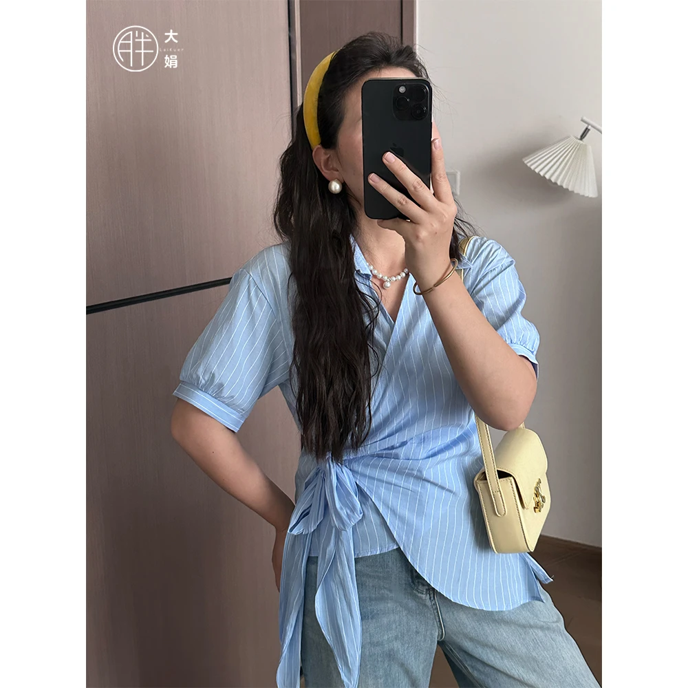 【短袖绑带衬衫】胖大娟韩系设计感条纹通勤收腰显瘦不规则v领