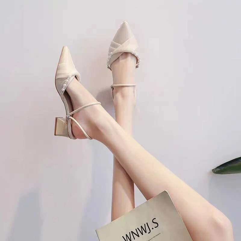 春夏新款中高跟鞋女法式半拖仙女风两穿凉拖包头凉鞋尖头粗跟女鞋