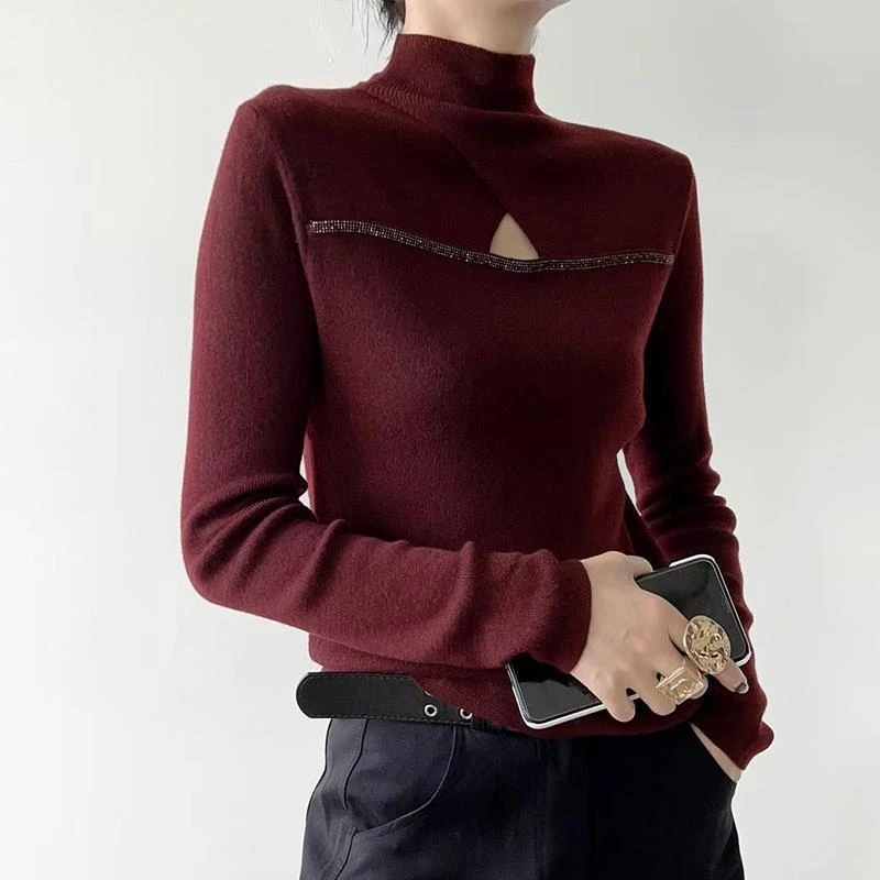 重工烫钻镂空打底衫女秋冬新款显瘦内搭针织衫高领长袖叠穿上衣潮