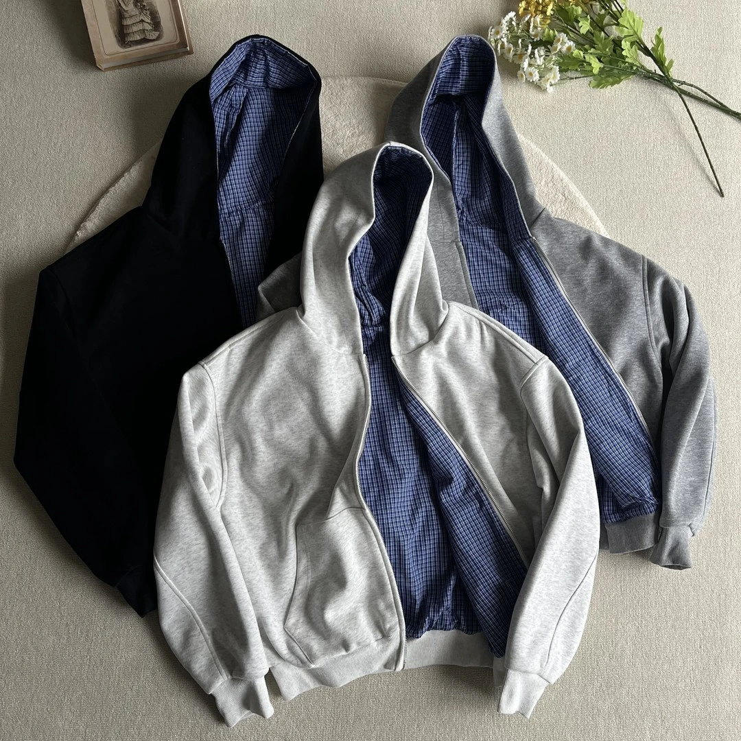 Xanvas双面穿miu系皇家蓝格纹拉链卫衣短宽百搭开衫外套cleanfit