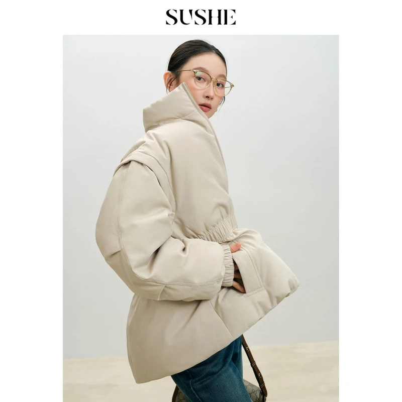 束皙轻户外风 新国标90白鸭绒立领收腰羽绒服冬季保暖派克服女