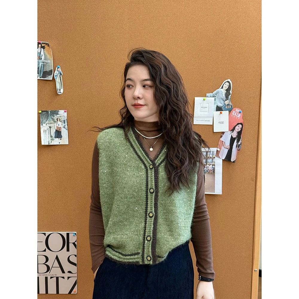 WenWen小个子小香风针织马夹V领显瘦坎肩开衫马甲叠穿上衣4477