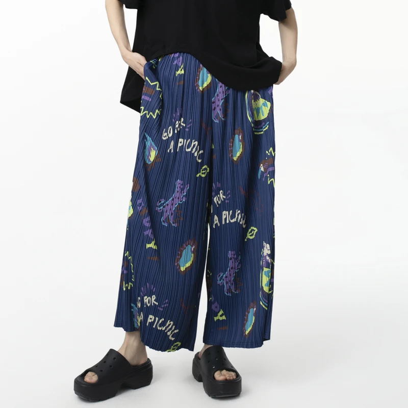 MOVEUP幻走2025夏季新款.FUN 松紧腰印花休闲直筒长裤女325210109