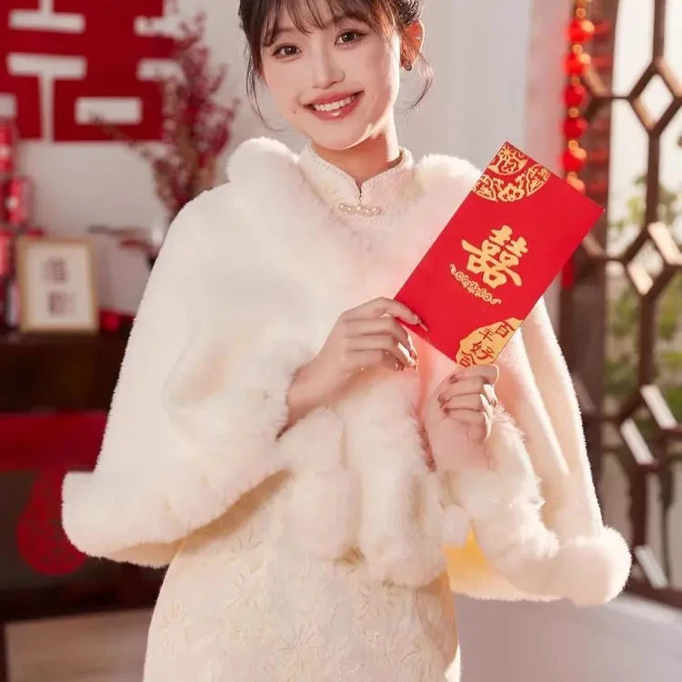 加厚斗篷披肩配旗袍婚纱秋冬民国风大气保暖婚纱披肩敬酒服披肩冬