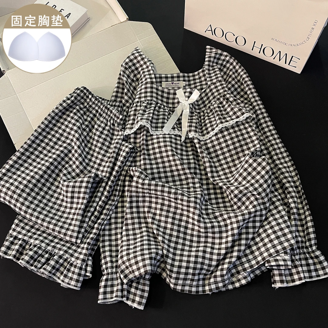 黑色格子带胸垫睡衣女生新款春秋季宽松蝴蝶结长袖长裤家居服套装