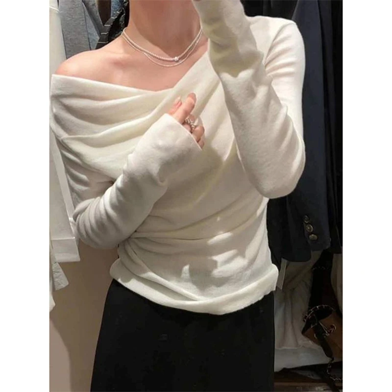 白色不规则荡领斜肩长袖针织衫女2025早秋季新款修身显瘦露肩上衣