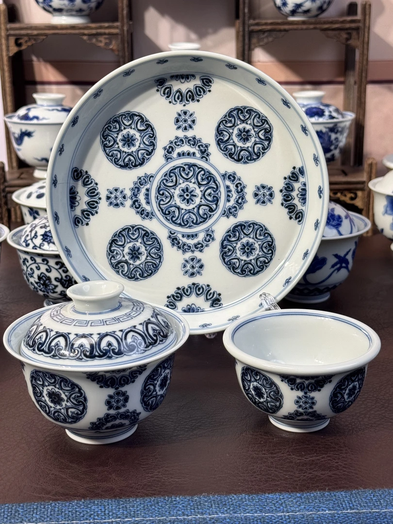 景德镇纯手工手绘仿明团宝相壶承盖碗压手杯高温釉下彩功夫茶具