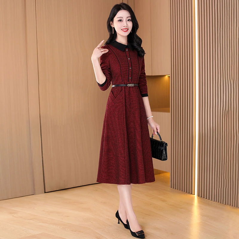 2025新款秋十一平时可穿高贵妈妈结婚酒红色礼服裙子女款气质服装