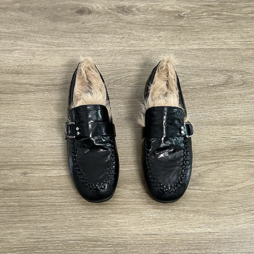 Dannyfrey黑色漆皮皮带扣乐福鞋平底一脚蹬毛毛豆豆鞋懒人鞋1.5CM