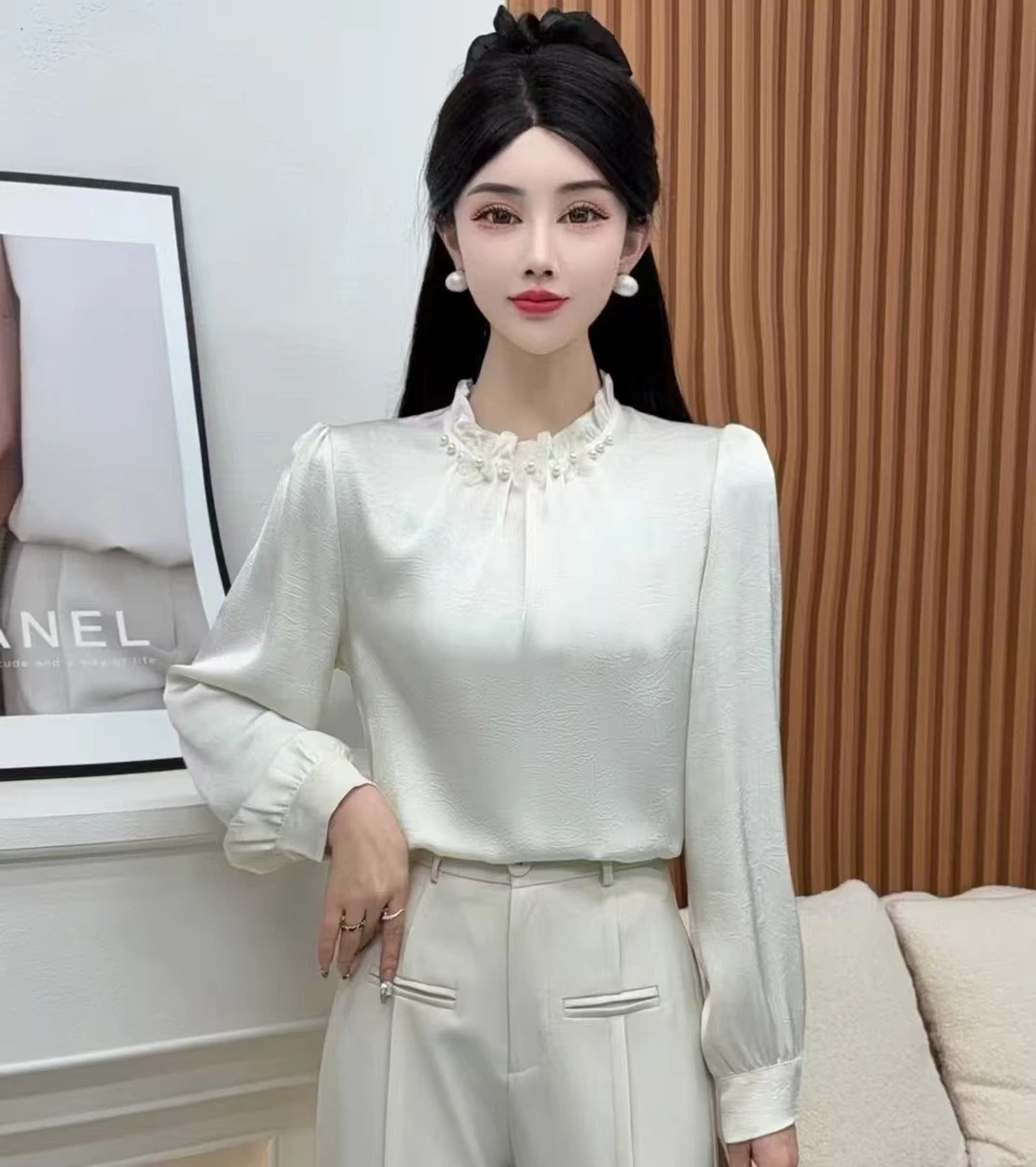 2025春季新款花瓣领长袖女衬衫法式减龄别致洋气时尚百搭上衣2077