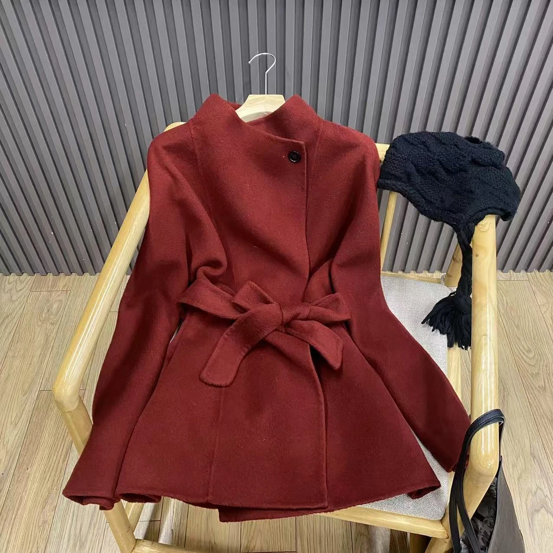 秋冬立领双面羊驼绒毛呢外套系带收腰中长款气质大衣女W9625
