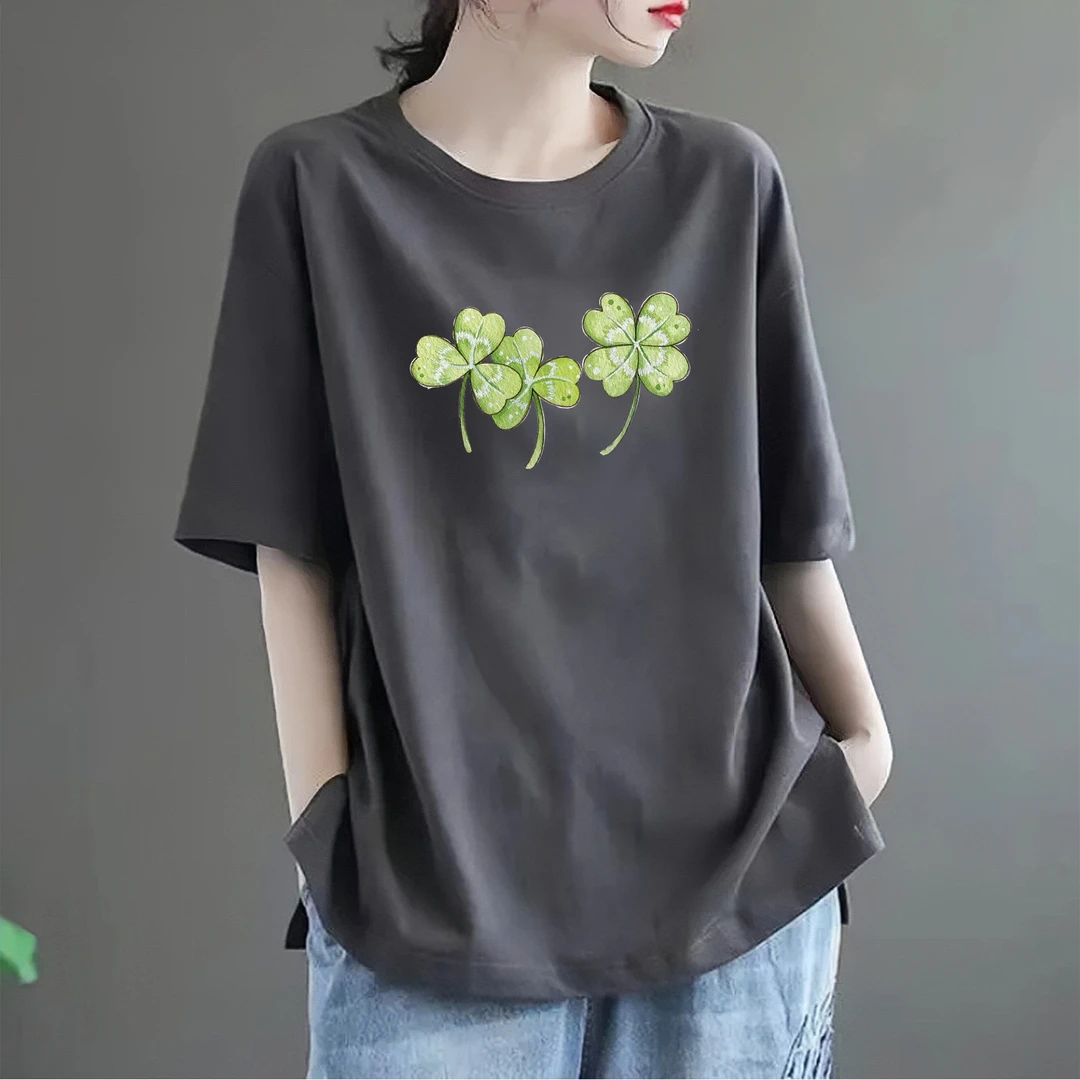 四叶草短袖T恤女夏100%纯棉韩版印花大码微胖mm减龄宽松洋气上衣