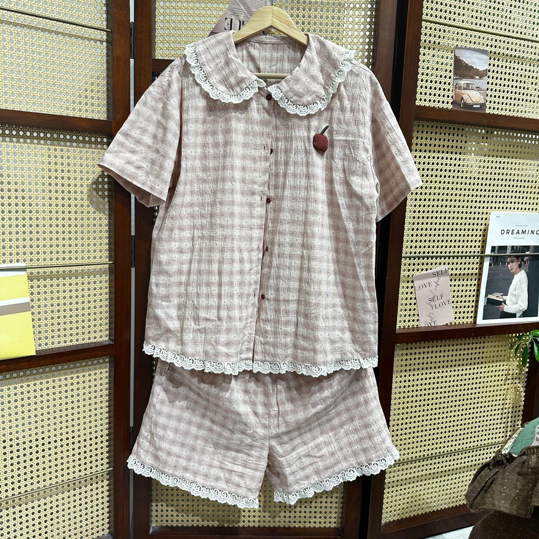 CJHong.原野 100%新疆棉全棉色织短袖短裤款居家服套装可外穿