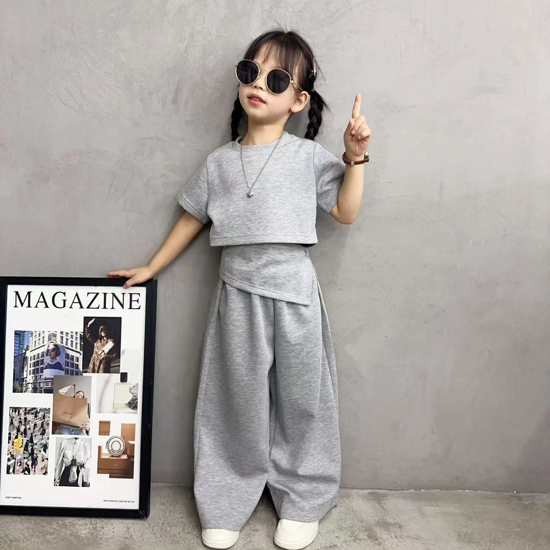 女童套装夏季2025新款韩系休闲露腰短袖T恤上衣高腰阔腿裤两件套