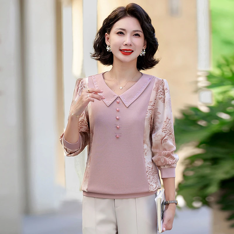 妈妈装秋季长袖小衫洋气百搭T恤中老年女春秋时尚宽松大码打底衫