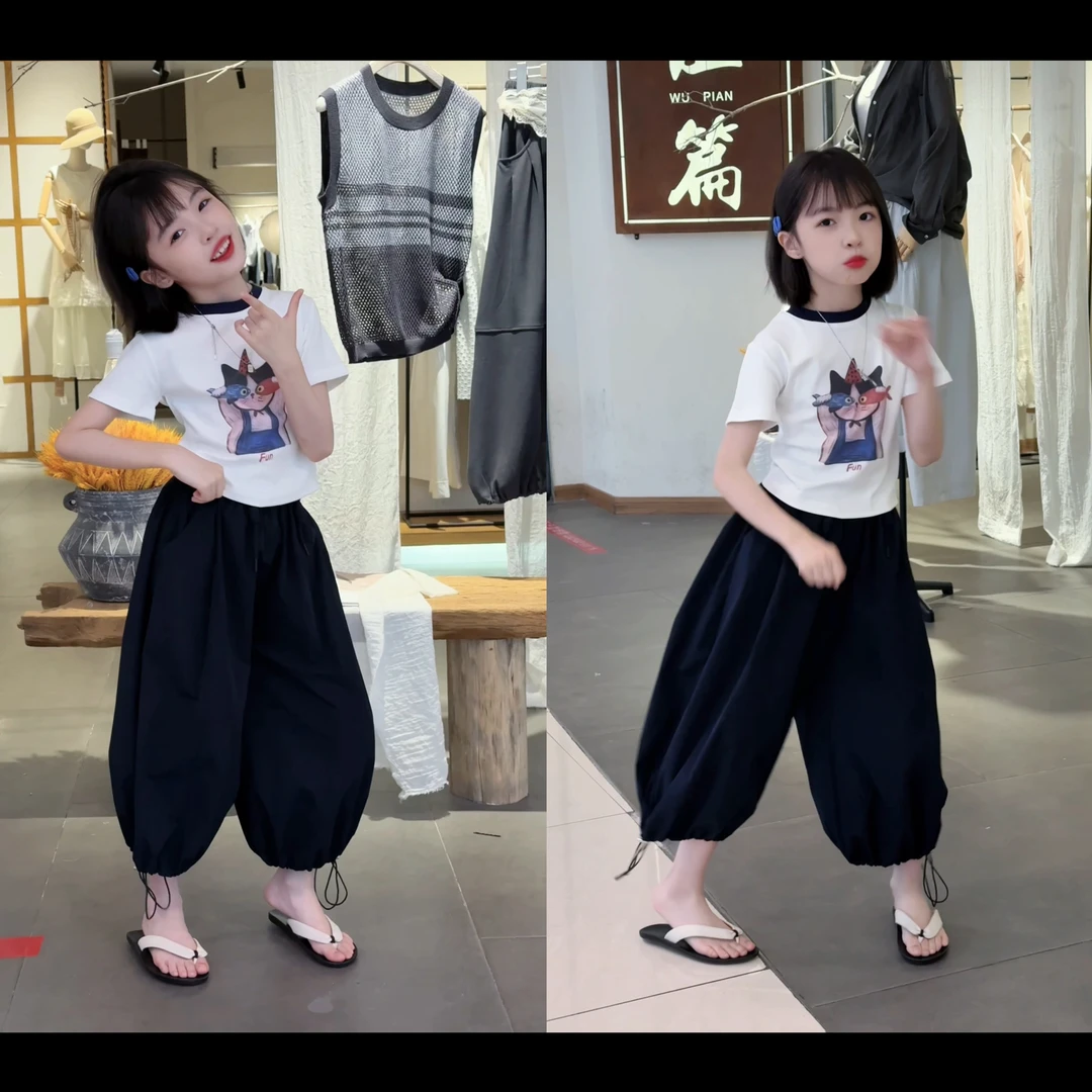 女童夏季潮酷时尚洋气百搭宽松七分裤中大童女孩短袖卡通T恤潮