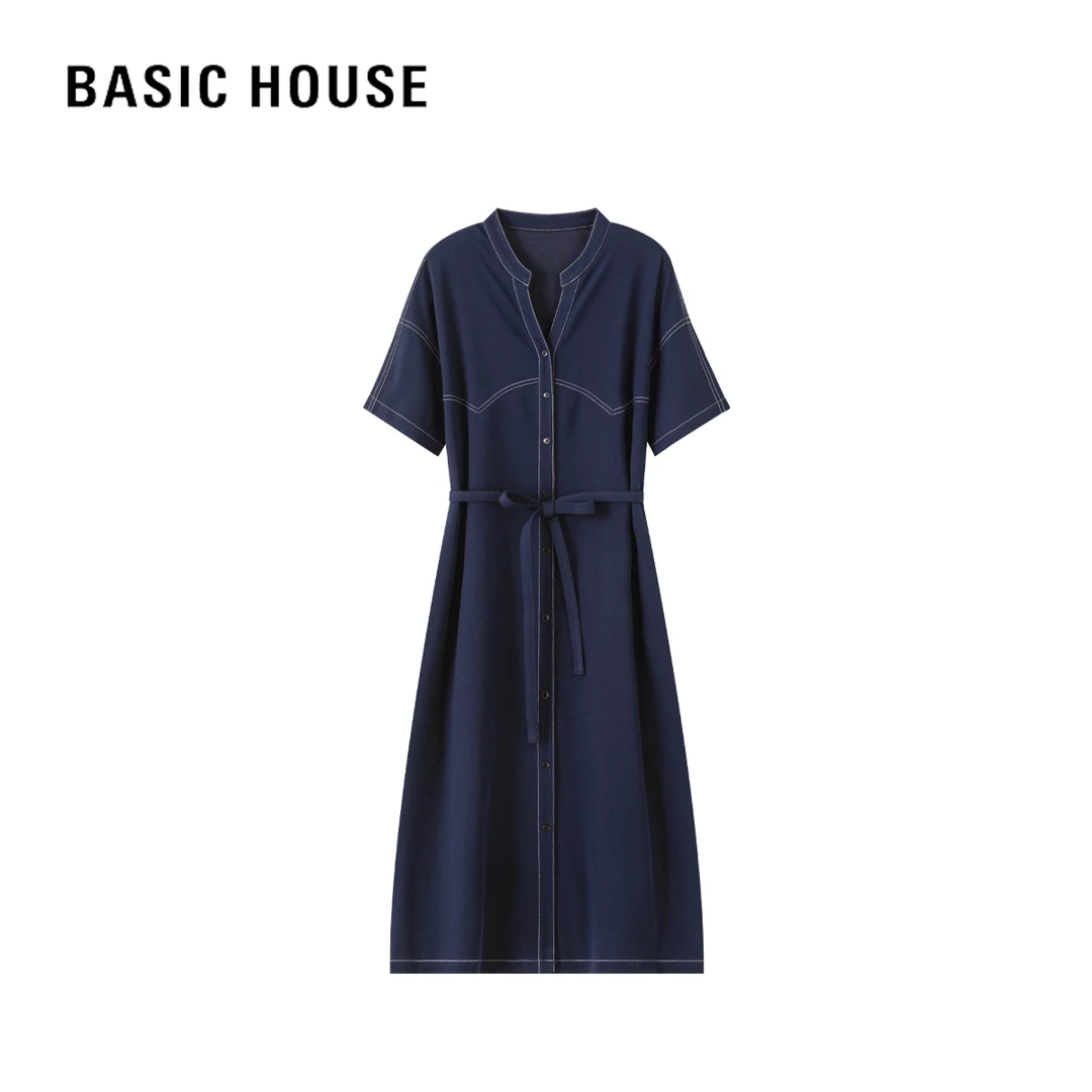 Basic House/百家好夏季休闲时尚轻奢气质显瘦简约长宽松连衣裙