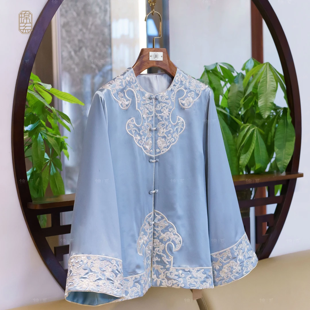 【锦系】丝毛缎新中式国风桑蚕丝绣花圆领直襟长袖外套-E-382412
