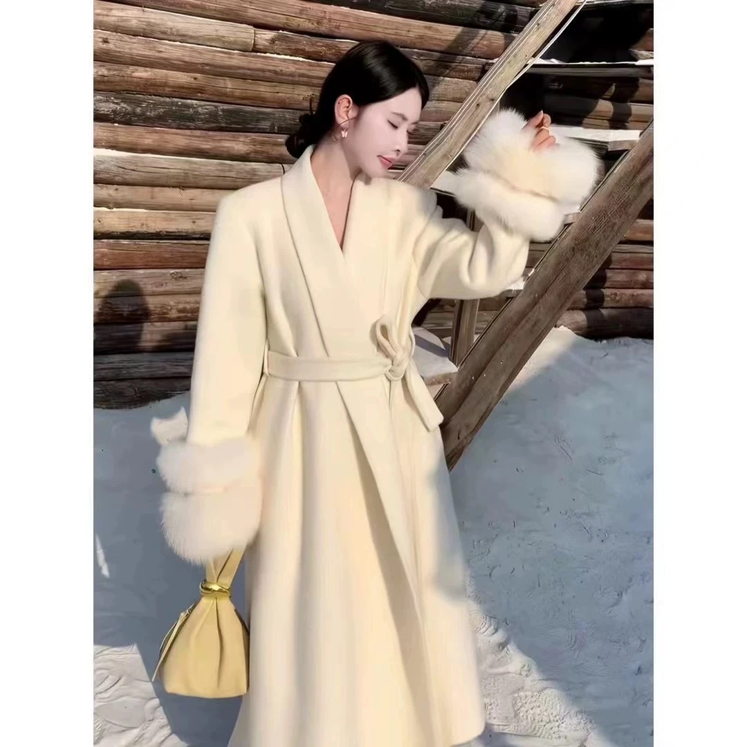 2025秋冬新款高定设计师双袖狐狸毛羊毛外套长款轻奢双面羊毛大衣