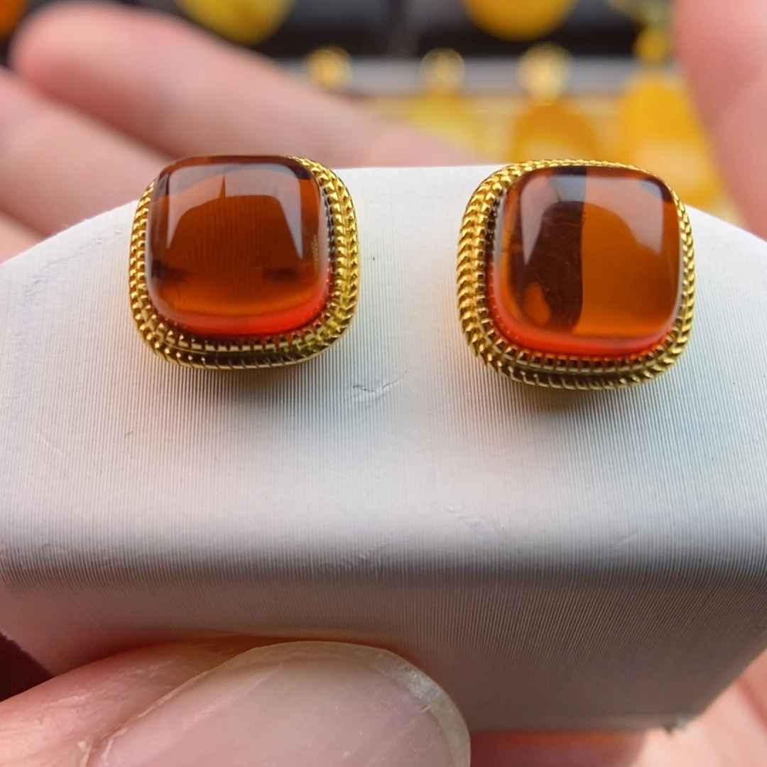 银S925镀金镶嵌琥珀耳饰