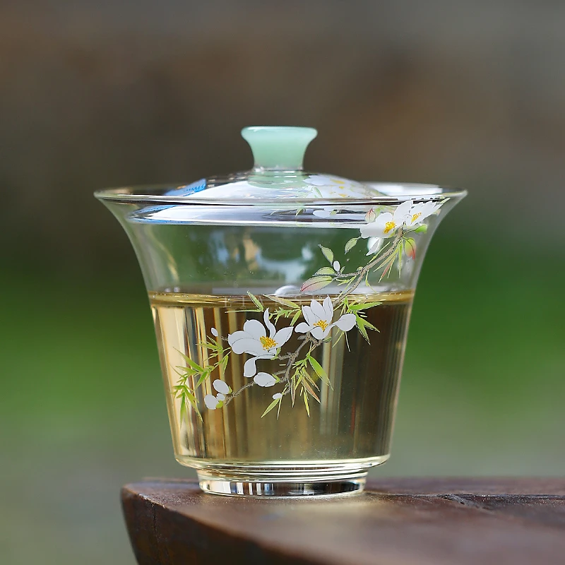 高硼硅耐热玻璃二才盖碗手工贴花家用绿茶泡茶碗不烫手功夫茶具