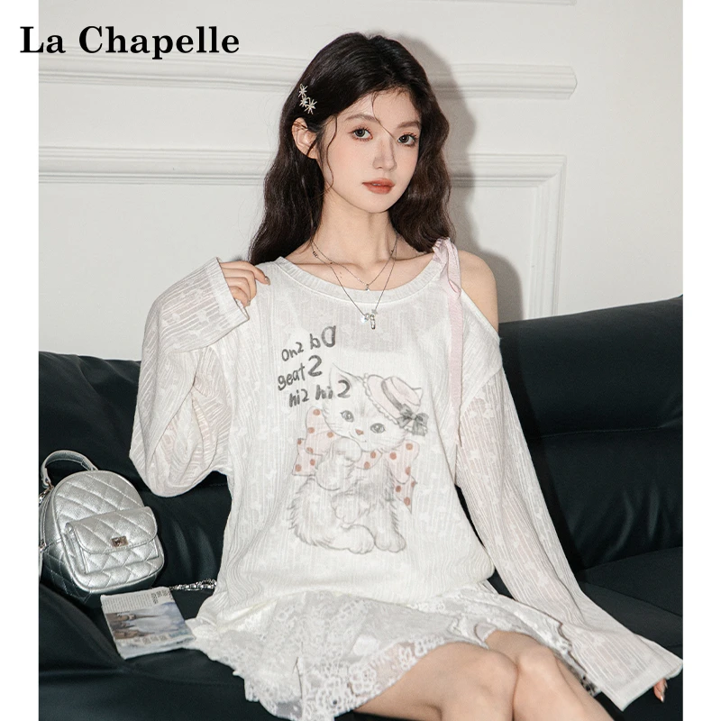 拉夏贝尔春秋小猫印花长袖T恤女甜美设计感宽松慵懒露肩显瘦上衣