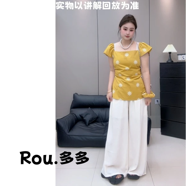 「Rou.多多」法式时尚纯欲风修身泡泡袖上衣休闲时尚阔腿裤三件套