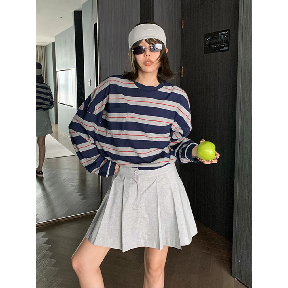 复古百搭撞色miu系条纹长袖T恤女秋季oversize宽松设计感显瘦上衣
