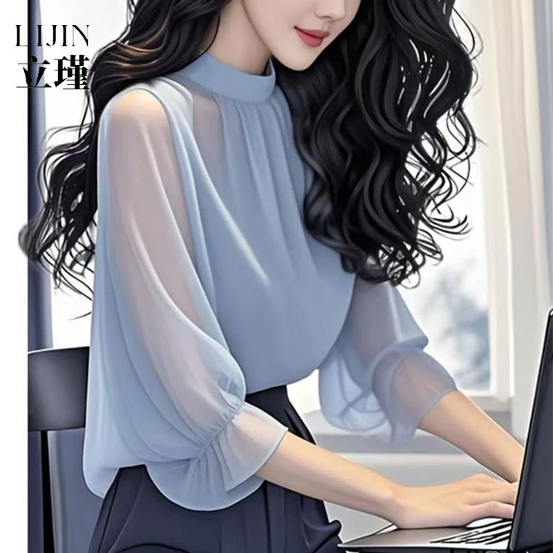 法式气质七分袖雪纺衬衫女士2025新款夏季别致高级感显瘦气质上衣