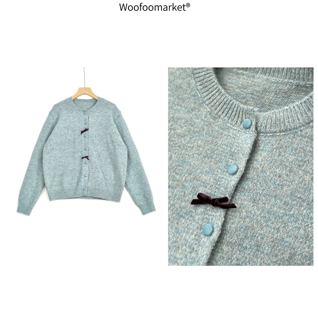 【海街日集】丝绒蝴蝶结~温柔圆领单排扣毛衣开衫春季 MY474