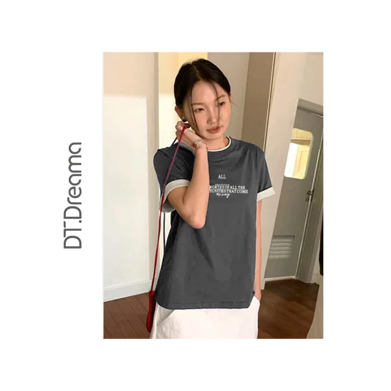 夏季复古字母印花卷边短袖T恤女宽松百搭撞色休闲上衣运动时尚