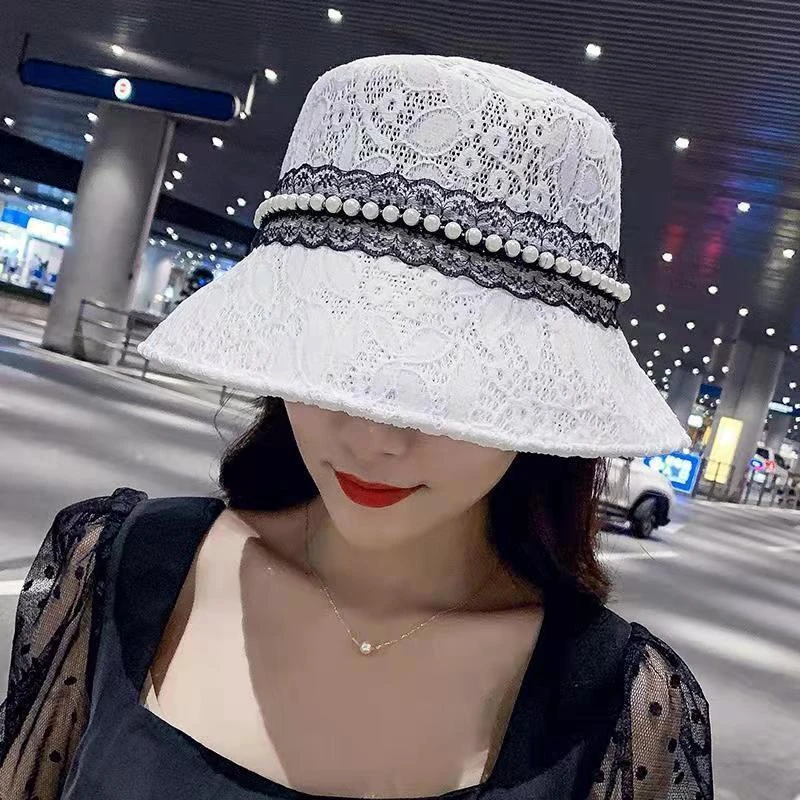 夏季帽子女韩国珍珠蕾丝渔夫帽透气夏日系防晒沙滩百搭夏遮阳盆帽