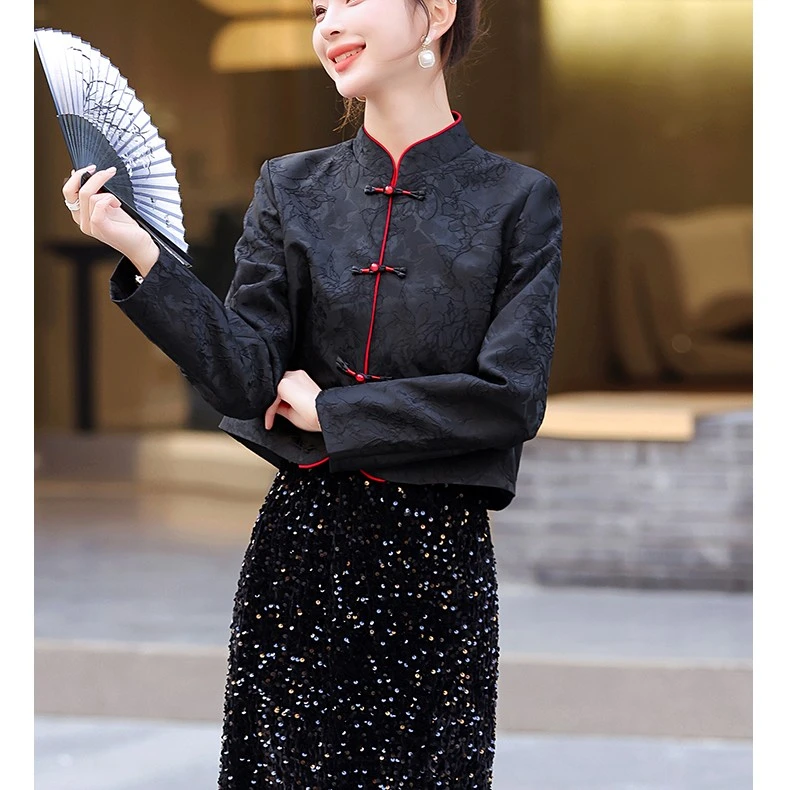 提花绣花秋季唐装女装单排扣春秋立领短款薄款短外套